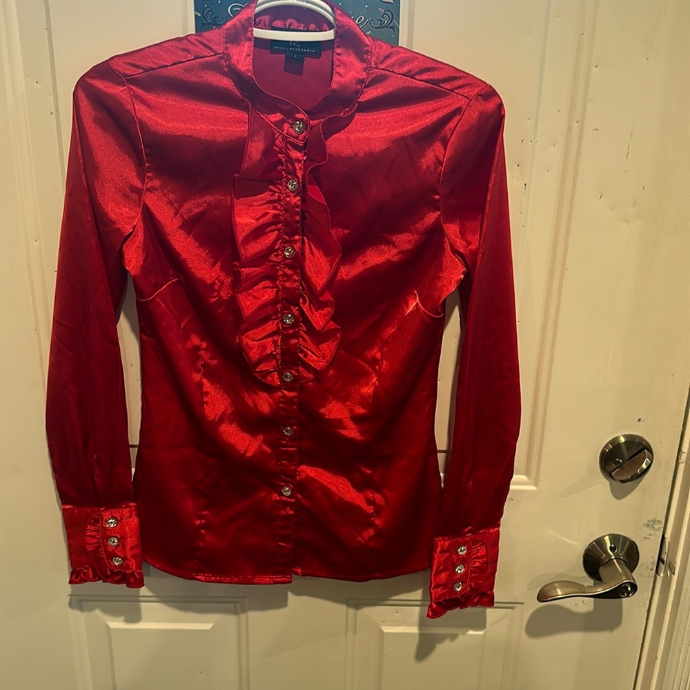 Iz Byer Red Satin Dressy Ruffle Accent Top Size S Faux Crystal Buttons